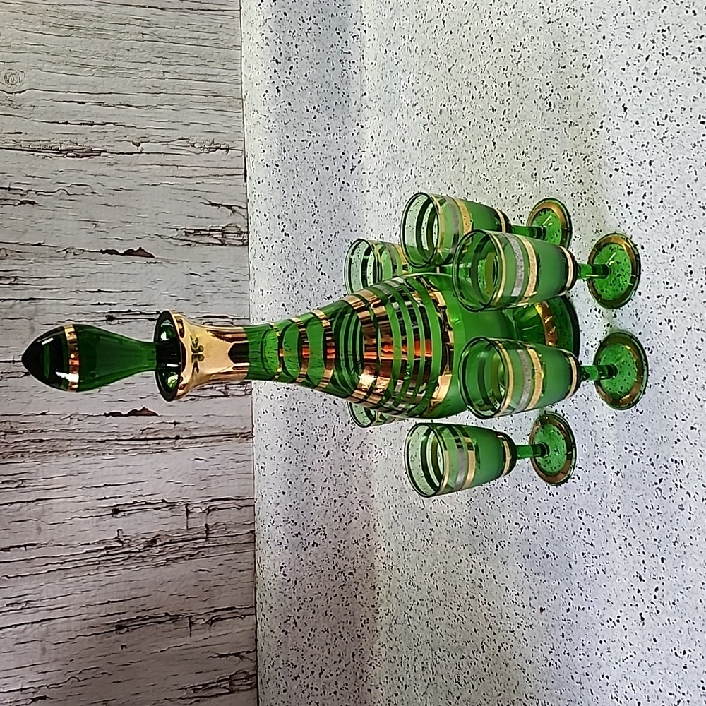 VINTAGE GREEN AND GOLD STRIPED DECANTER and 6 SHOT GLASSES